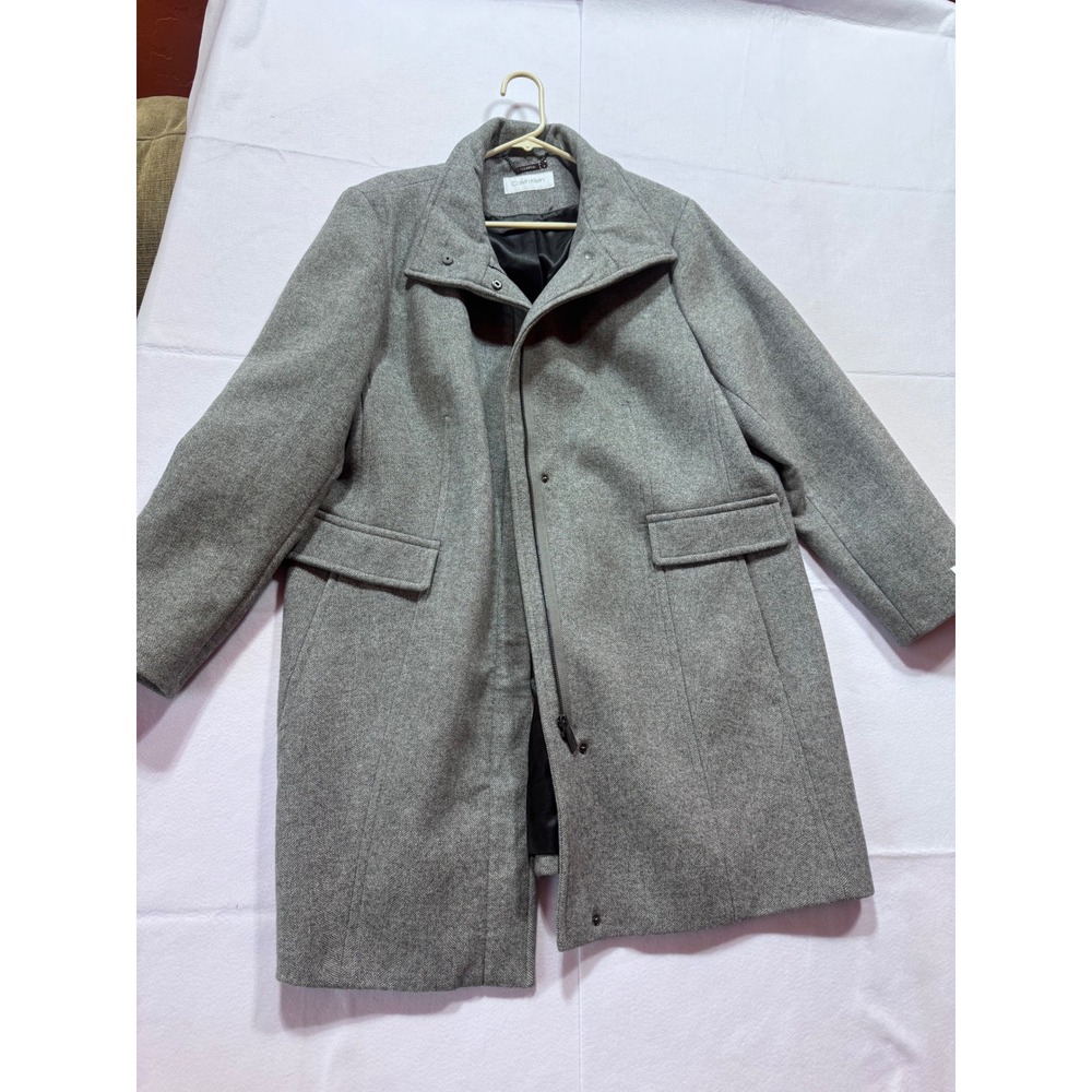 Calvin Klein Womens 2X Grey Herringbone Wool Blend Zip Funnel Neck Overcoat Coat